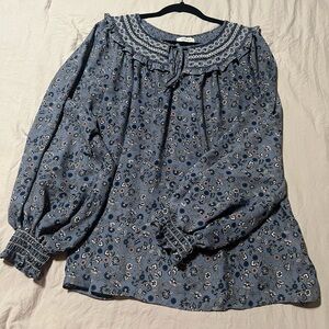 Max Studio Blue Floral Blouse with Lace Trim